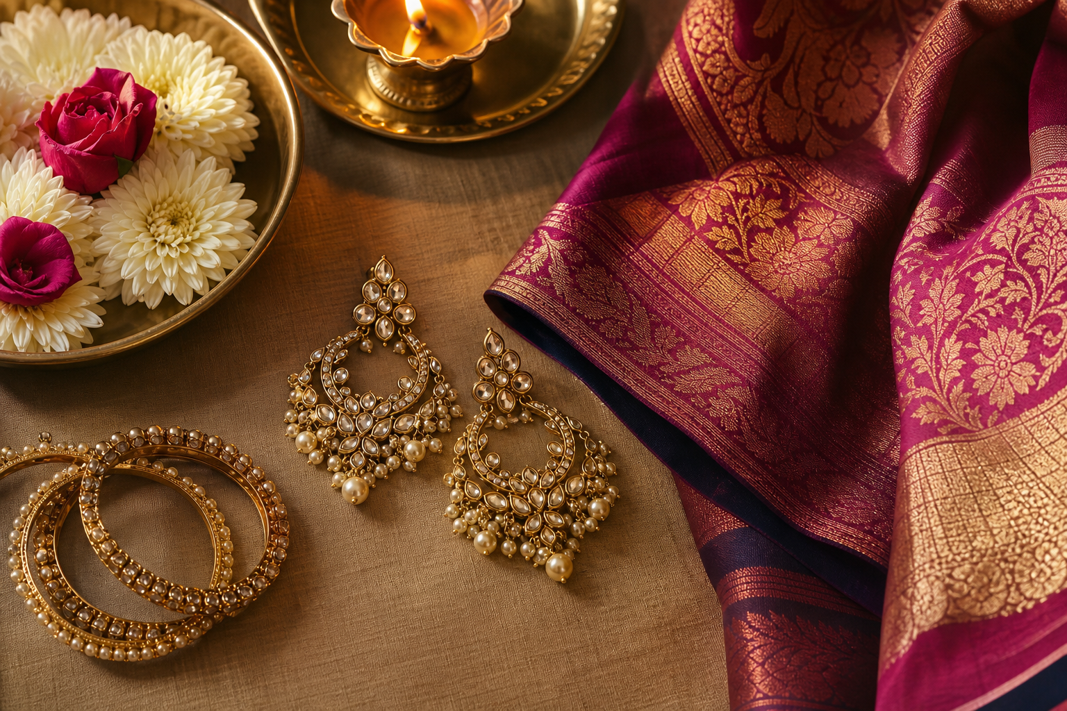 Festive saree styling details with jewellery and warm celebration light