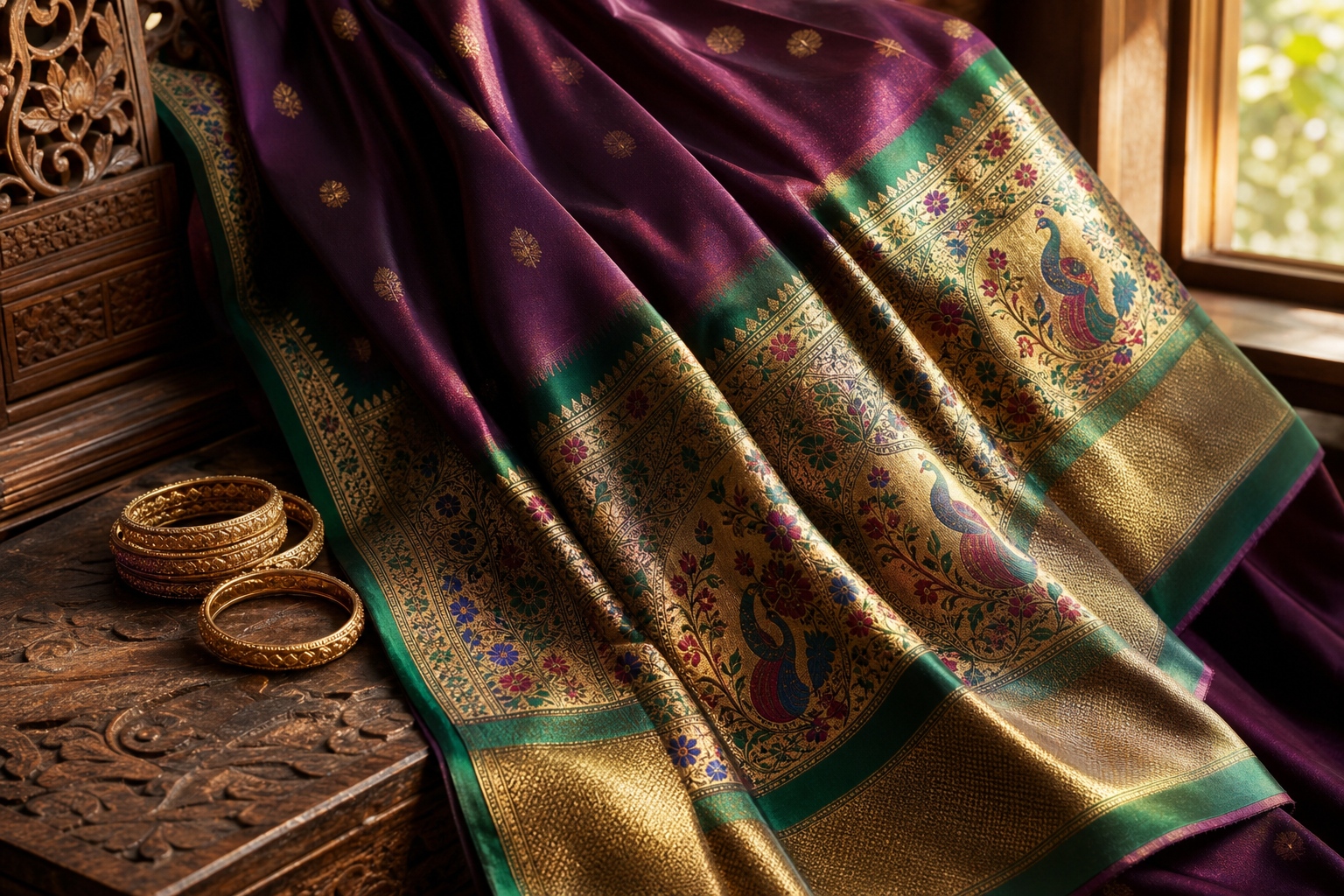 Close detail of a Paithani-inspired saree with gold bangles