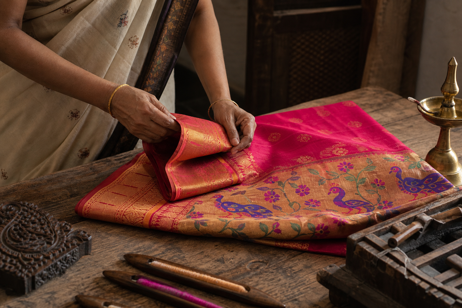 Artisan hands folding a richly colored saree in a warm textile studio